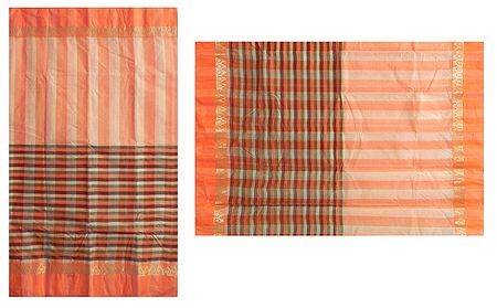 Saffron Stripe Bengal Tant Saree with Saffron and Black Border