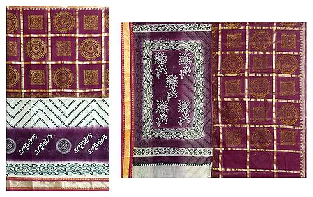 Maroon with White Bengal Tant Saree with Golden Print