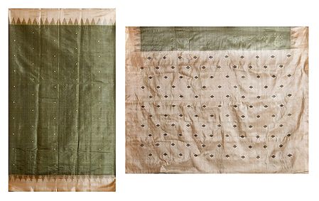 Green Cotton Silk Sari with All-Over Boota and Light Peach Border