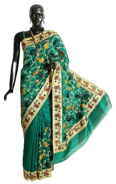 Dark Cyan Dupion Silk Saree with Paisley Embroidery