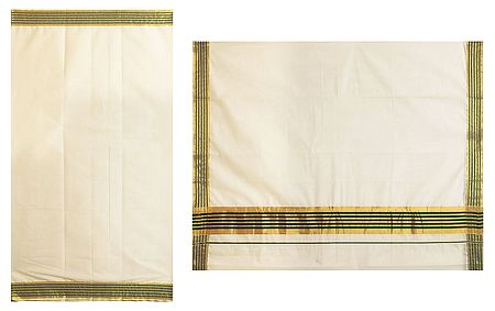 Off-White Kasavu Saree with Green and Golden Zari Border
