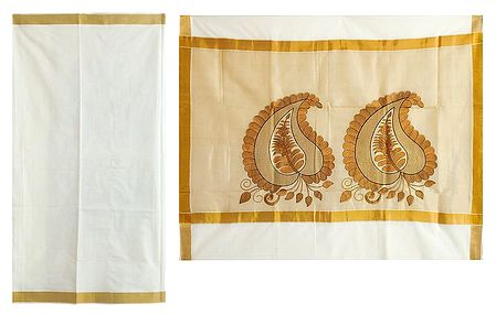 Off-White Kasavu Saree with Embroidered Pallu and Golden Border