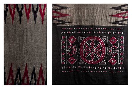 Ikkat Temple Design on Grey Half and Half Orissa Cotton Saree