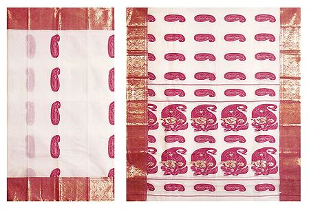 Off-White Tangail Saree with Red Paisley Design
