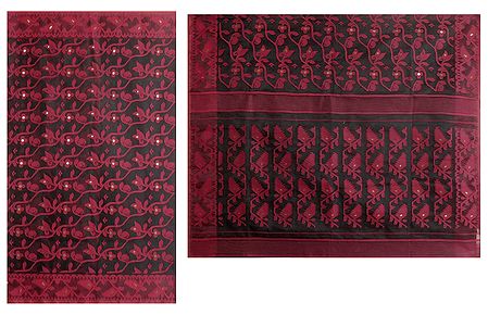 Red Boota on Black Tangail Saree with Border and Pallu
