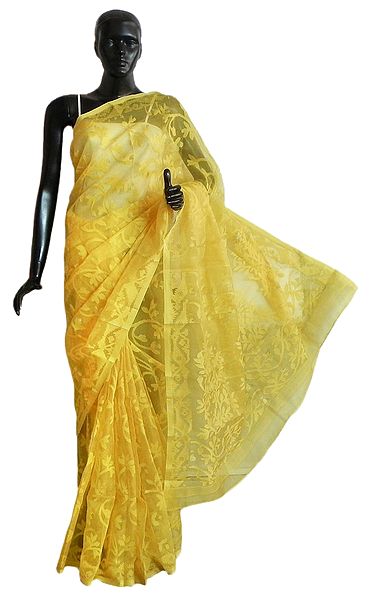 Weaved Yellow Design All-Over on Yellow Cotton Dhakai Saree with Border and Pallu