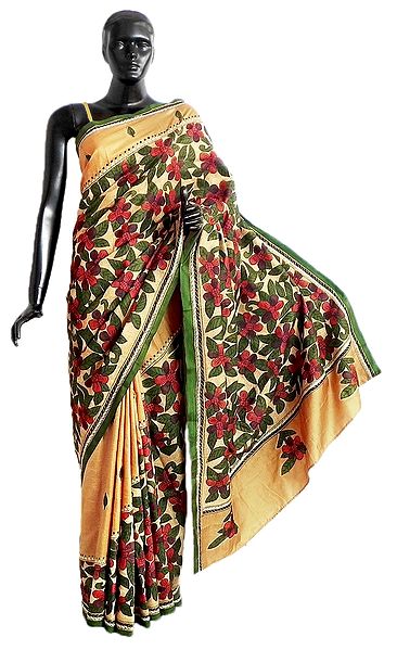 Kantha Stitch on Yellow Pure Silk Saree with Gorgeous Border and Pallu