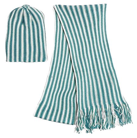 White and Dark Cyan Stripe Woollen Muffler and Cap