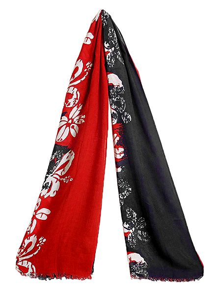Print on Dark Red and Black Viscose Scarf