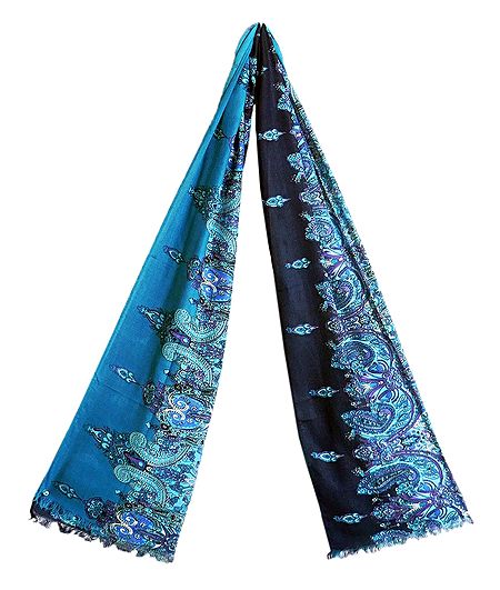 Dark and Light Blue Paisley Print Viscose Scarf