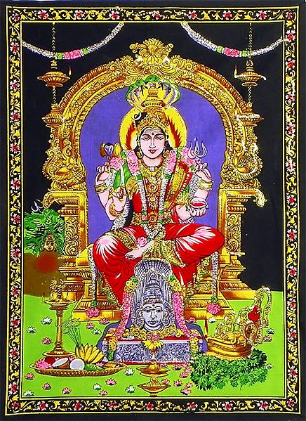 Karmaniamman - South Indian Goddess of Rain - Print with Sequin Work on Cotton Cloth - Unframed