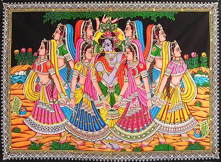 Krishna with Gopinis - Sequin work on Printed Cotton Cloth - Unframed