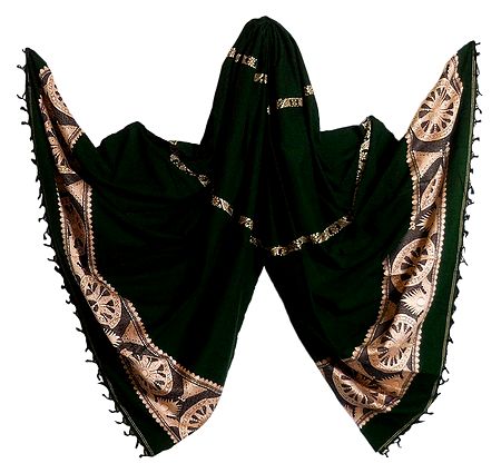 Green Orissa Cotton Stole with Weaved Light Pink Baluchari Konarak Wheel Design