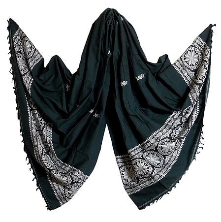 Dark Grey Orissa Cotton Stole with White Baluchari Design Pallu