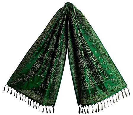 Dark Green Banarasi Tanchoi Stole with Leaf Design 