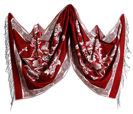Reversible Red and White Woolen Stole with Weaved Floral Design 
