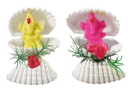 Set of 2 Pink and Yellow Ganesha in Shell