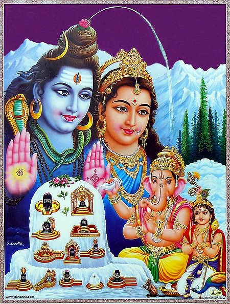 Shiva, Durga, Ganesh and Kartik with Twelve Jyotirlinga - Laminated Poster