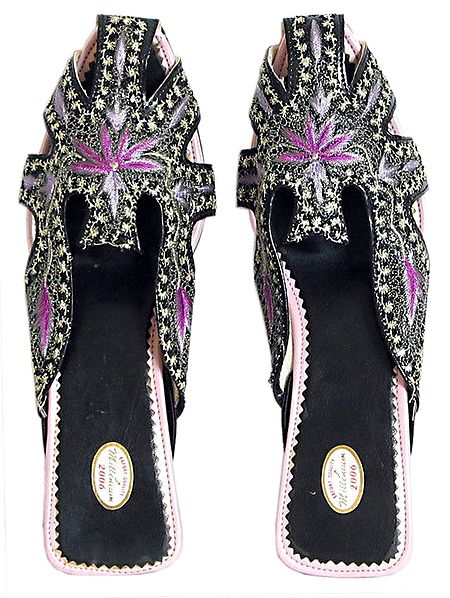 Black Ladies Designer Jutti with Threadwork