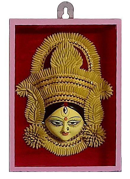 Clay Face of Durga with Paddy Decoration Encased in Glass - Wall Hanging