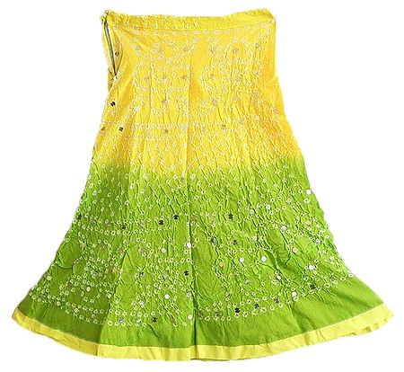 Light Yellow with Light Green Tie and Dye Knee Length Skirt with Sequins