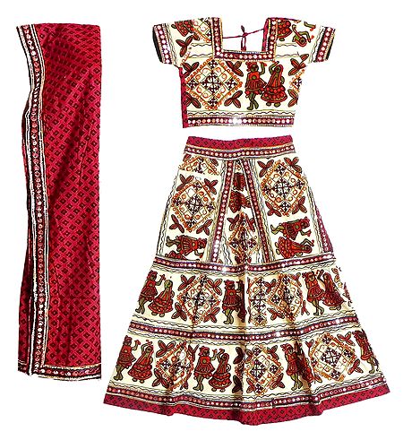 Multicolor Embroidery on Off-White Cotton Lehenga Choli with Red Dupatta and Elaborate Sequin Work