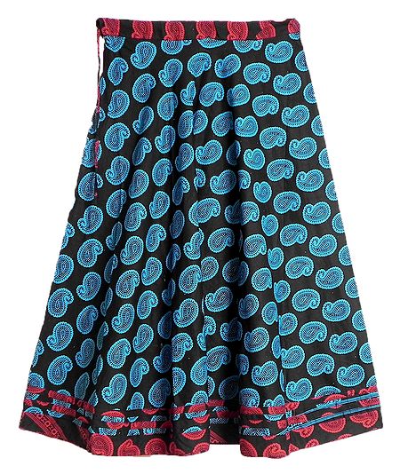 Blue Paisley Print on Black Cotton Long Skirt with Red Border