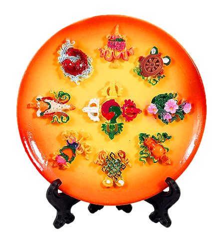 8 Buddhist Symbol on Plate - Stone Sculpture
