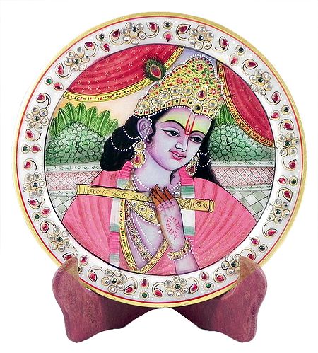 Murlidhar Krishna Painting on Marble Plate - Showpiece