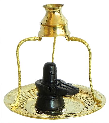 Black Stone Shiva Linga on Brass Plate With Kalash on Tripod