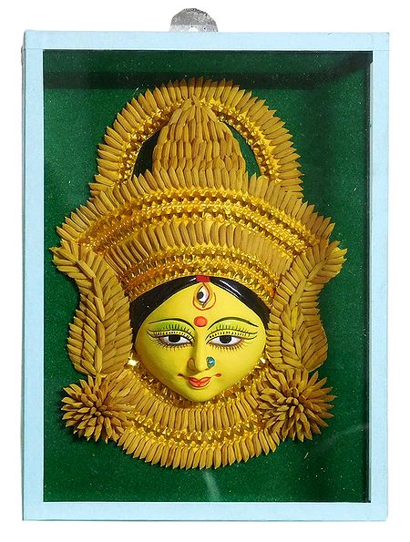 Clay Durga Face Decorated with Paddy - Encased in Glass - Wall Hanging