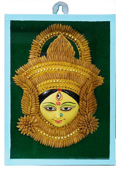 Clay Durga Face Decorated with Paddy - Encased in Glass - Wall Hanging