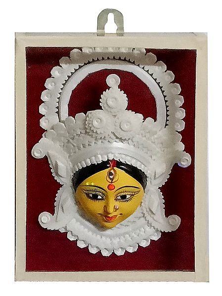Clay Durga Face Decorated with Sholapith - Encased in Glass - Wall Hanging