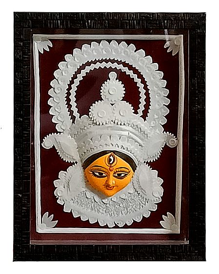 Clay Durga Face Decorated with Sholapith - Encased in Glass - Wall Hanging