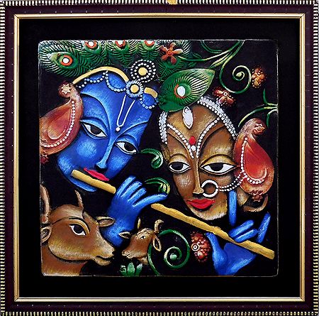 Terracotta Radha Krishna on Wooden Board - Wall Hanging