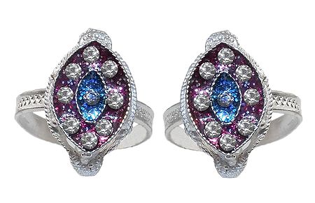 White Stone Studded on Blue and Maroon Laquered Diamond Shaped Adjustable Metal Toe Ring