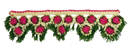 Pink, Green and Off-white Crocheted Woolen Door Toran - (Decorative Door Hanging)