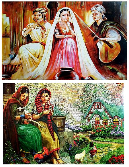Musicians and Ladies in Front of Beautiful House - Set of 2 Posters