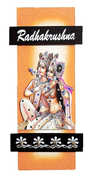 Radha Krishna Picture on Wooden Key Hanger with 4 Hooks - Wall Hanging