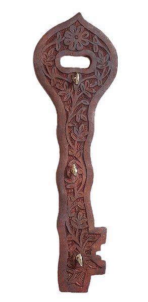 Wood Carved Key with 3 Hooks Key Hanger - Wall Hanging