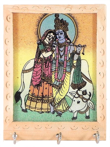 Crushed Real Gemstone Painted Radha Krishna on Wooden Key Rack with Three Hooks - Wall Hanging