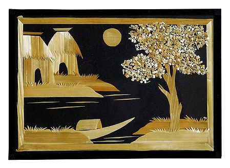 Village Scene - Straw Craft - Framed with Glass