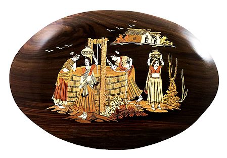 Women Near the Village Well - Inlaid Wood Wall Hanging