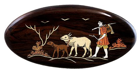 Cowherd with Cow - Inlaid Wood Wall Hanging
