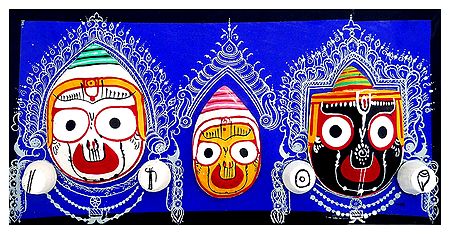 Wooden Faces of Jagannath, Balaram and Subhadra on Hardboard - Wall Hanging