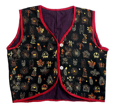 Kantha Stitch on Black Sleeveless Ladies Waistcoat Jacket