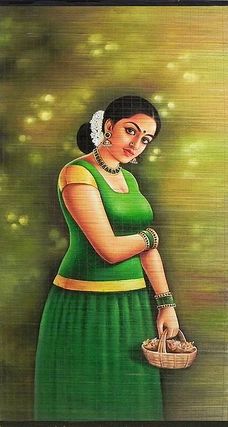 A Malayalee Girl - Painting on Woven Bamboo Strands - Wall Hanging