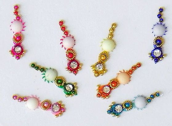 Multicolor Long Bindis with White Stone