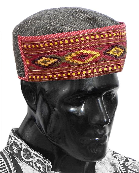 Gents Himachali Grey Woolen Cap with Kullu Weaved Design in Front