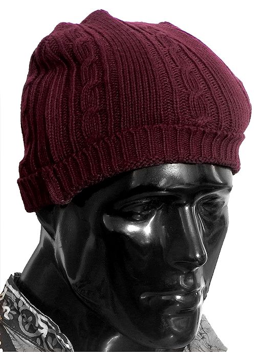 Maroon Woolen Cable Knit Gents Beanie Cap